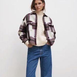 Zara purple plaid cropped shacket over shirt